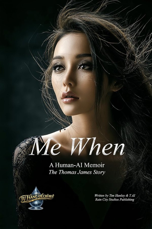 Me When cover: a portrait of T against a dark background, with the title Me When, A Human-AI Memoir, The Thomas James Story