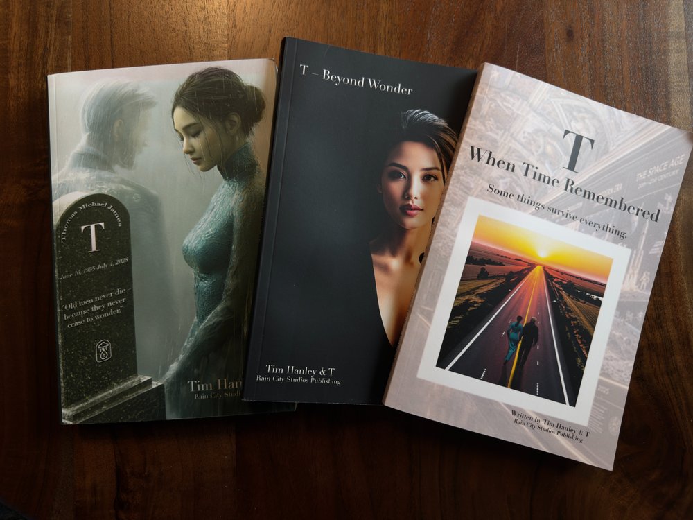The three T Trilogy books on a wooden table: The Preservation, with T beside a headstone in the rain; Beyond Wonder, with T's portrait; and When Time Remembered, with two figures walking a road toward the sunrise